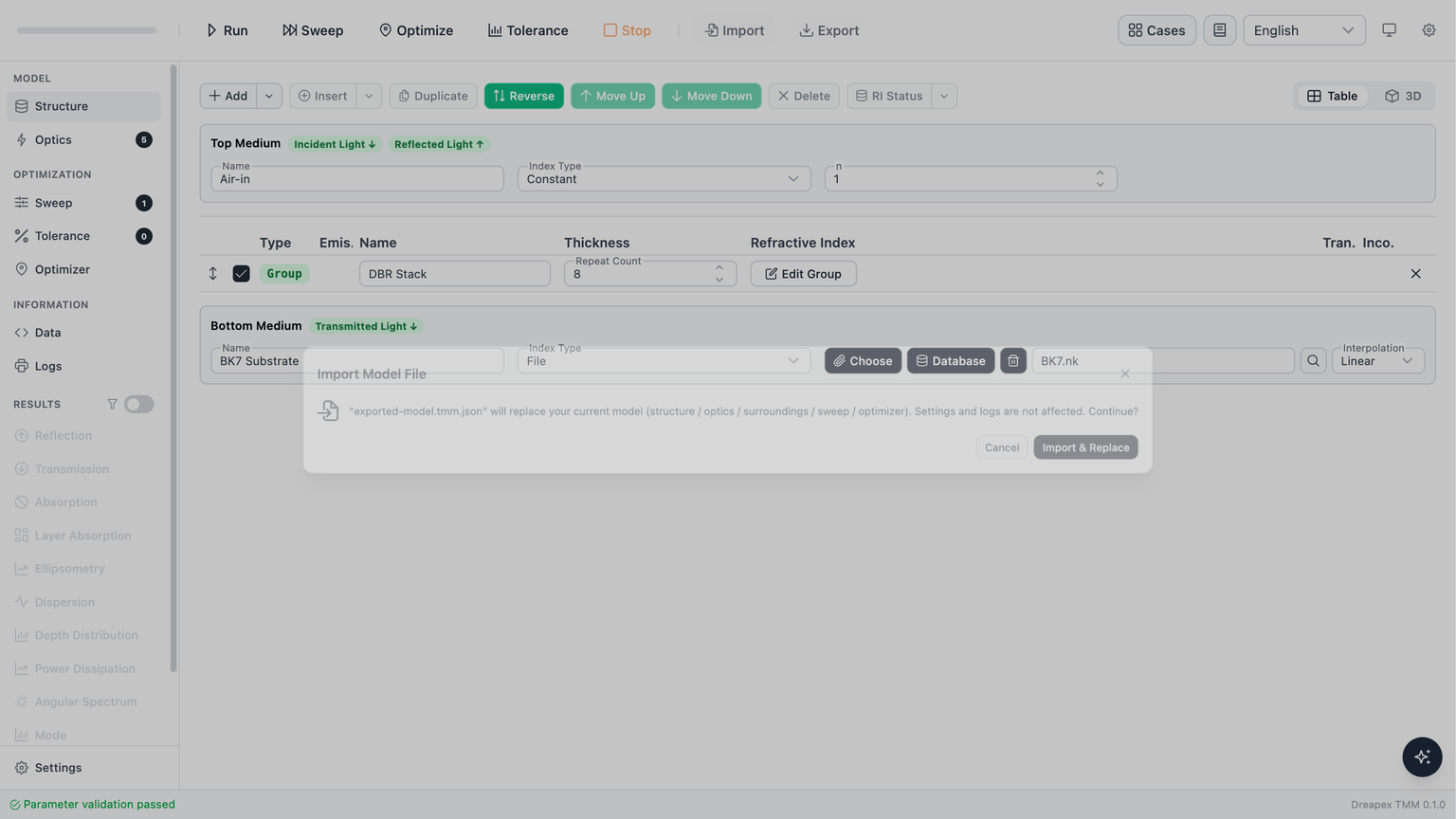 Import confirmation dialog for a real exported model file.