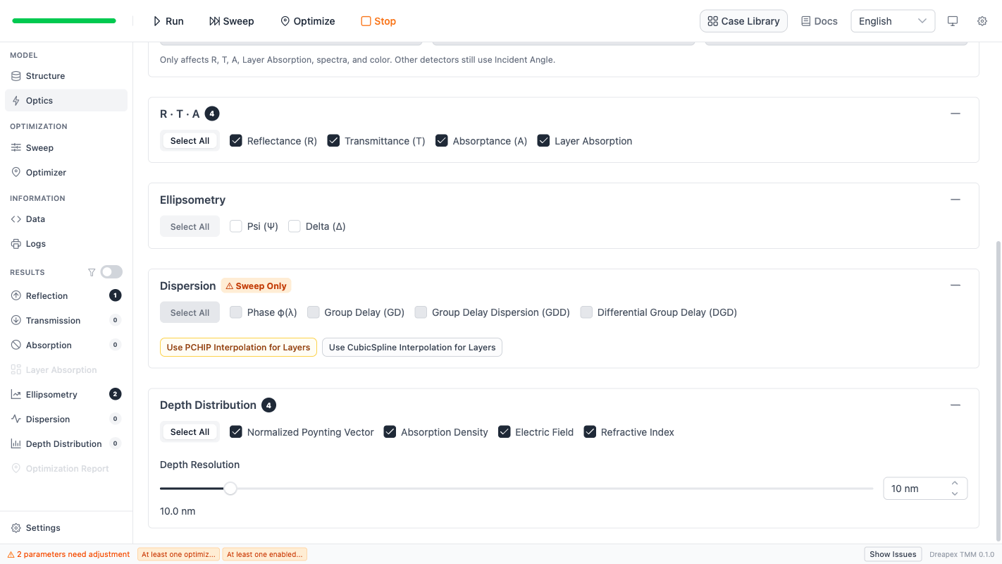 Single-wavelength depth-analysis optics