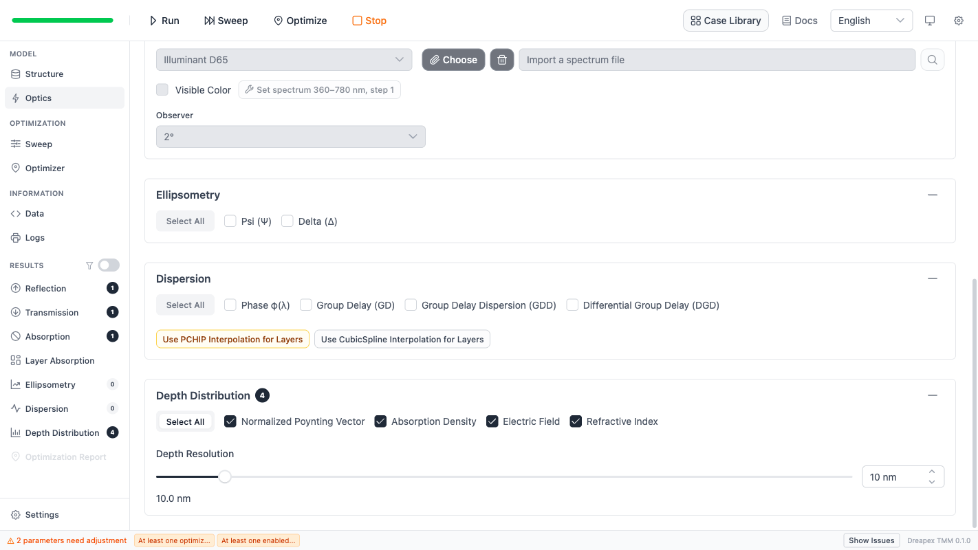 Wavelength-sweep depth-analysis optics