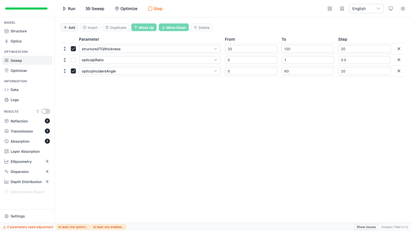 Thickness and angle sweep