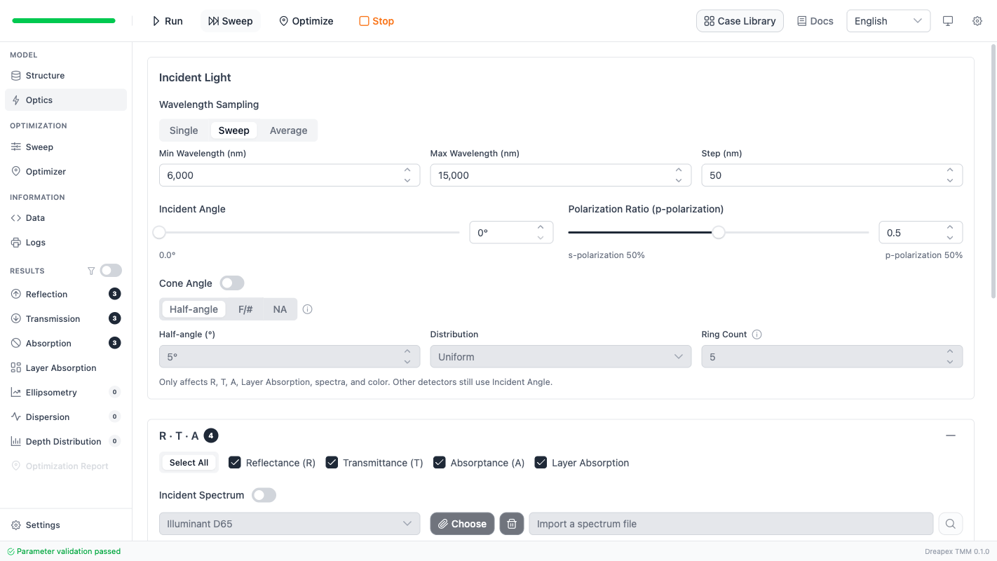 Optics page configured with the same 6000-15000 nm window used in the paper's Figure 4