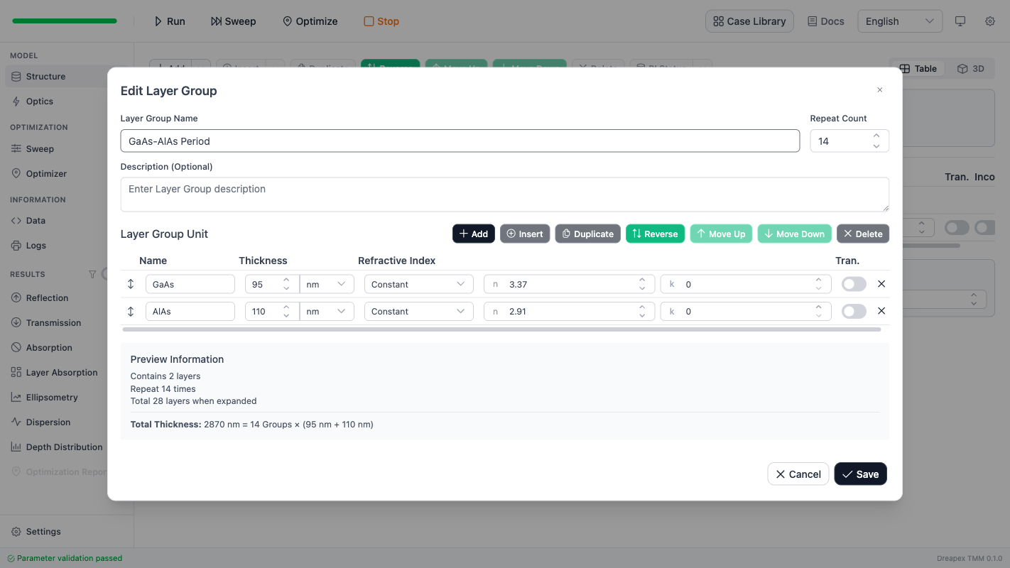 Layer Group editor with the 14-period GaAs/AlAs unit