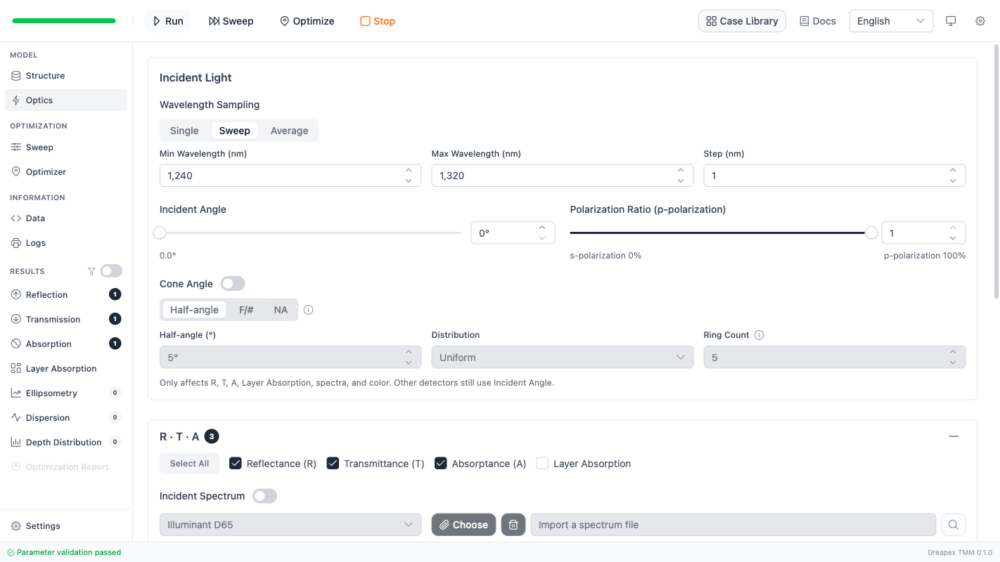 Optics page configured to match the Figure 3 wavelength window
