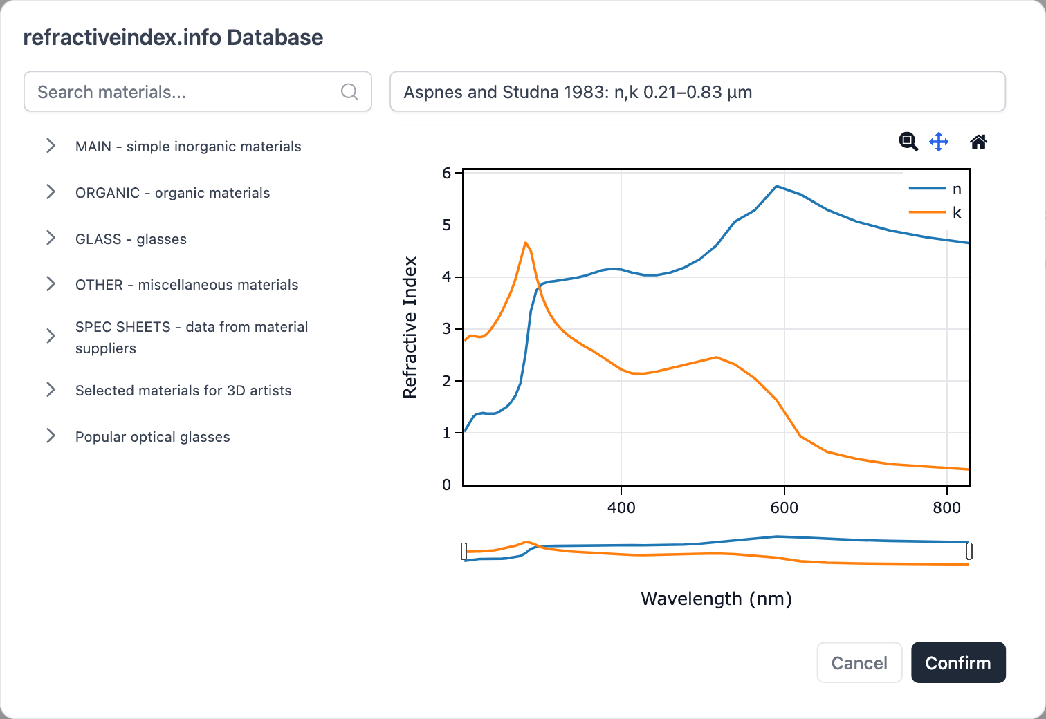 本案例锗吸收层所用数据库条目的选择界面