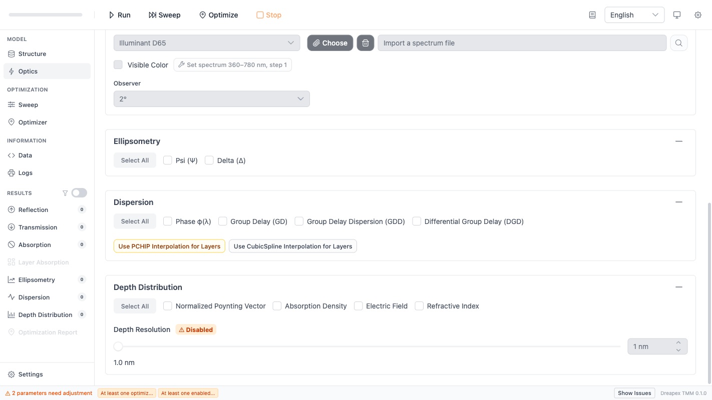 Optics page bottom area — Dispersion section