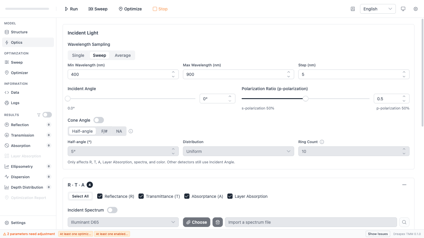 Optics page top area — Common Parameters and Cone Angle