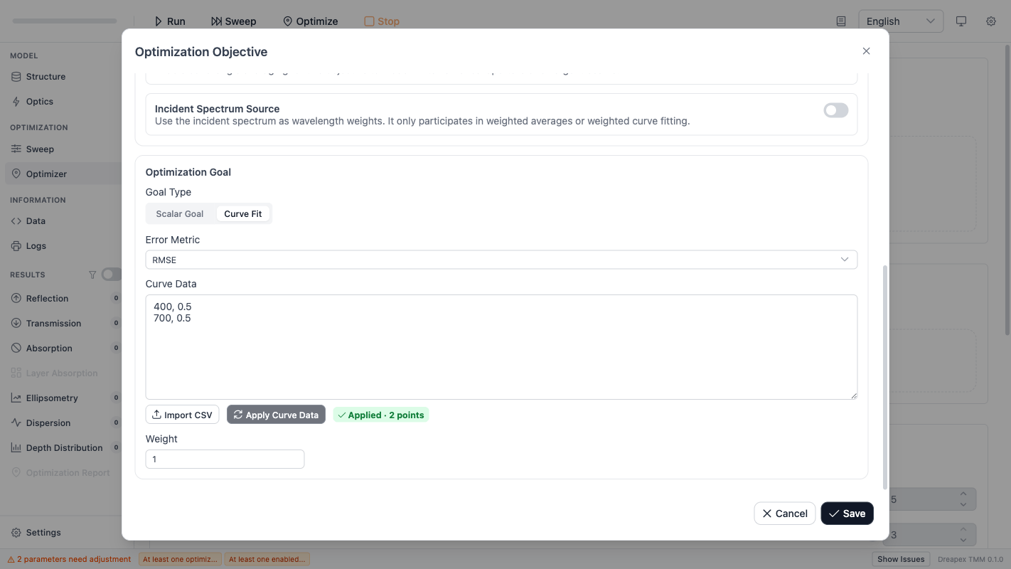 Objective Editor Dialog — Curve Fit Mode