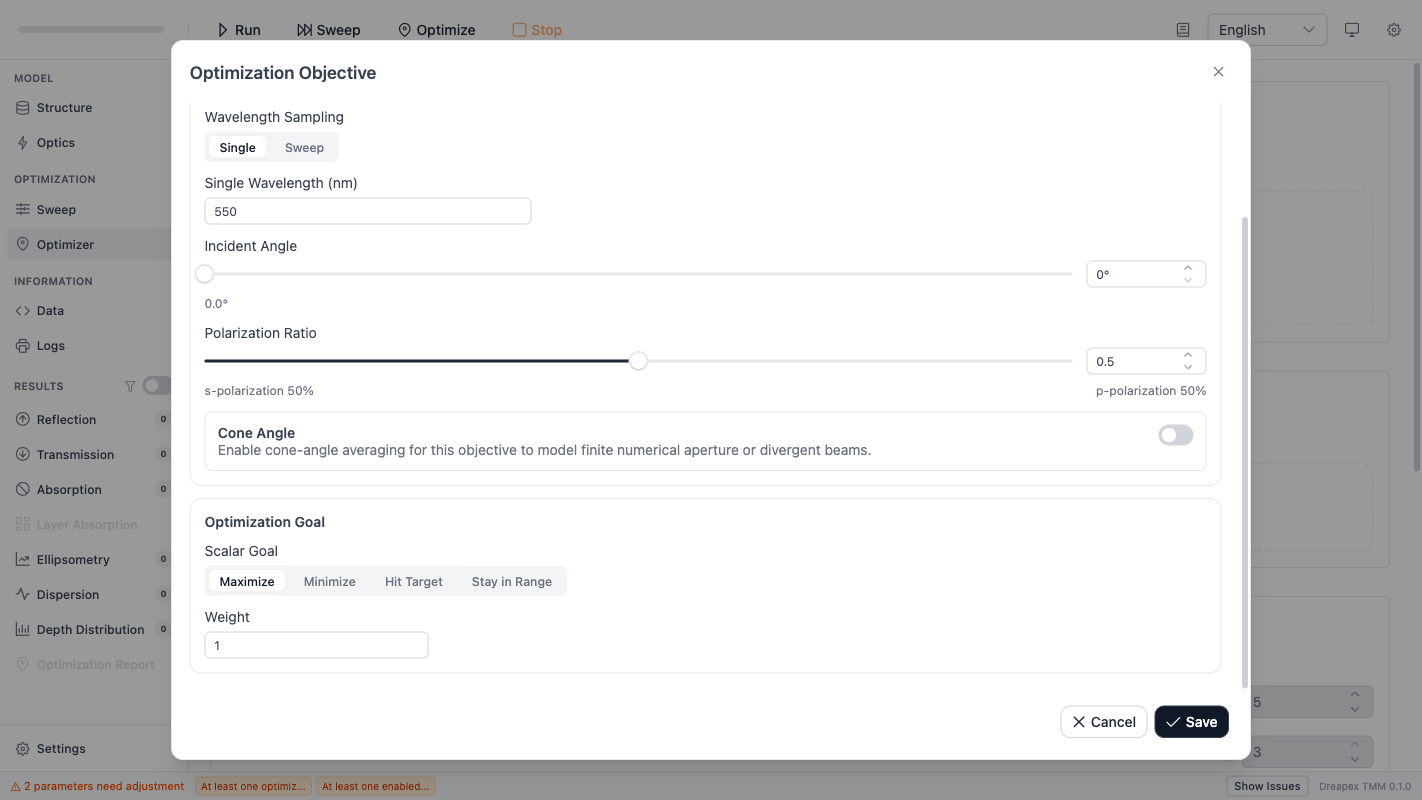 Objective Editor Dialog — Scalar Goal Mode