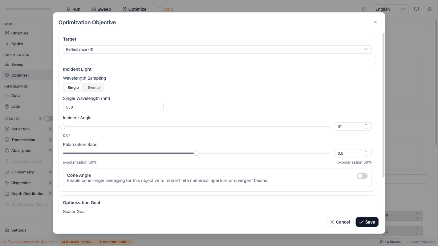 Objective Editor Dialog — Target and Incident Light