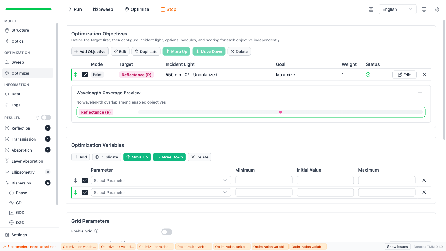 Single objective list with Wavelength Coverage Preview