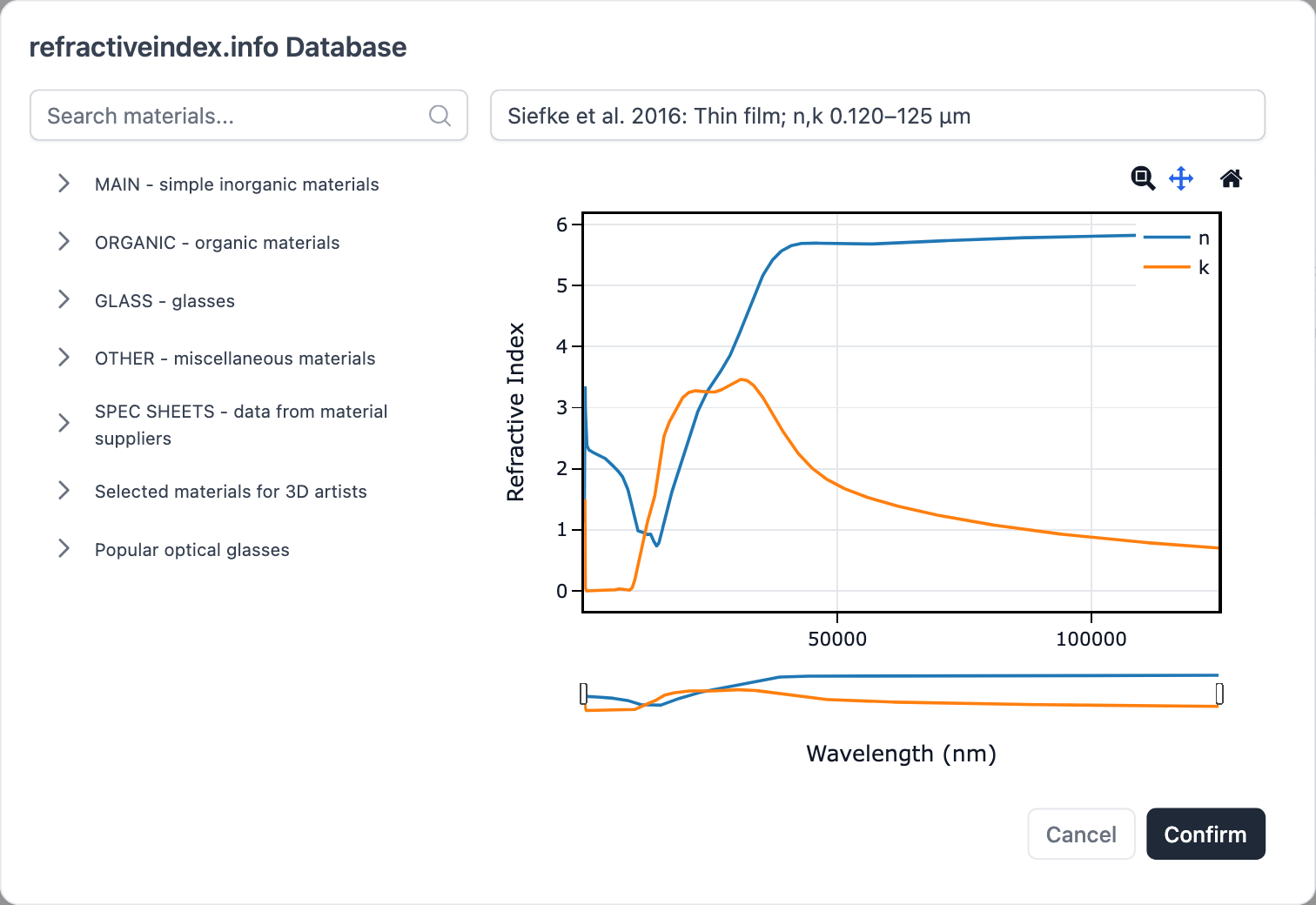 本案例高折射率层所用 TiO2 条目的数据库选择界面