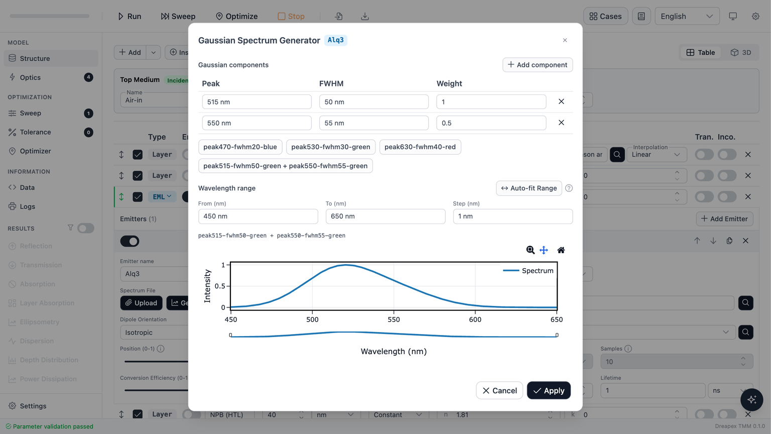 Gaussian Spectrum Generator with two components, an auto-fitted wavelength range, and a live preview