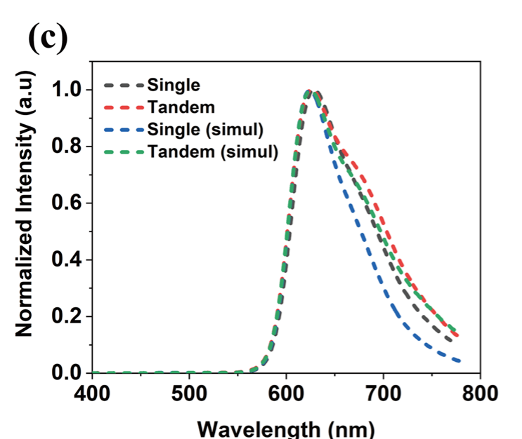 Paper Figure 1c, measured and simulated normalized electroluminescence spectra of the non-cavity single and tandem devices