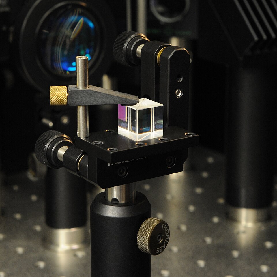 Beamsplitter cube mounted on an optical laboratory setup
