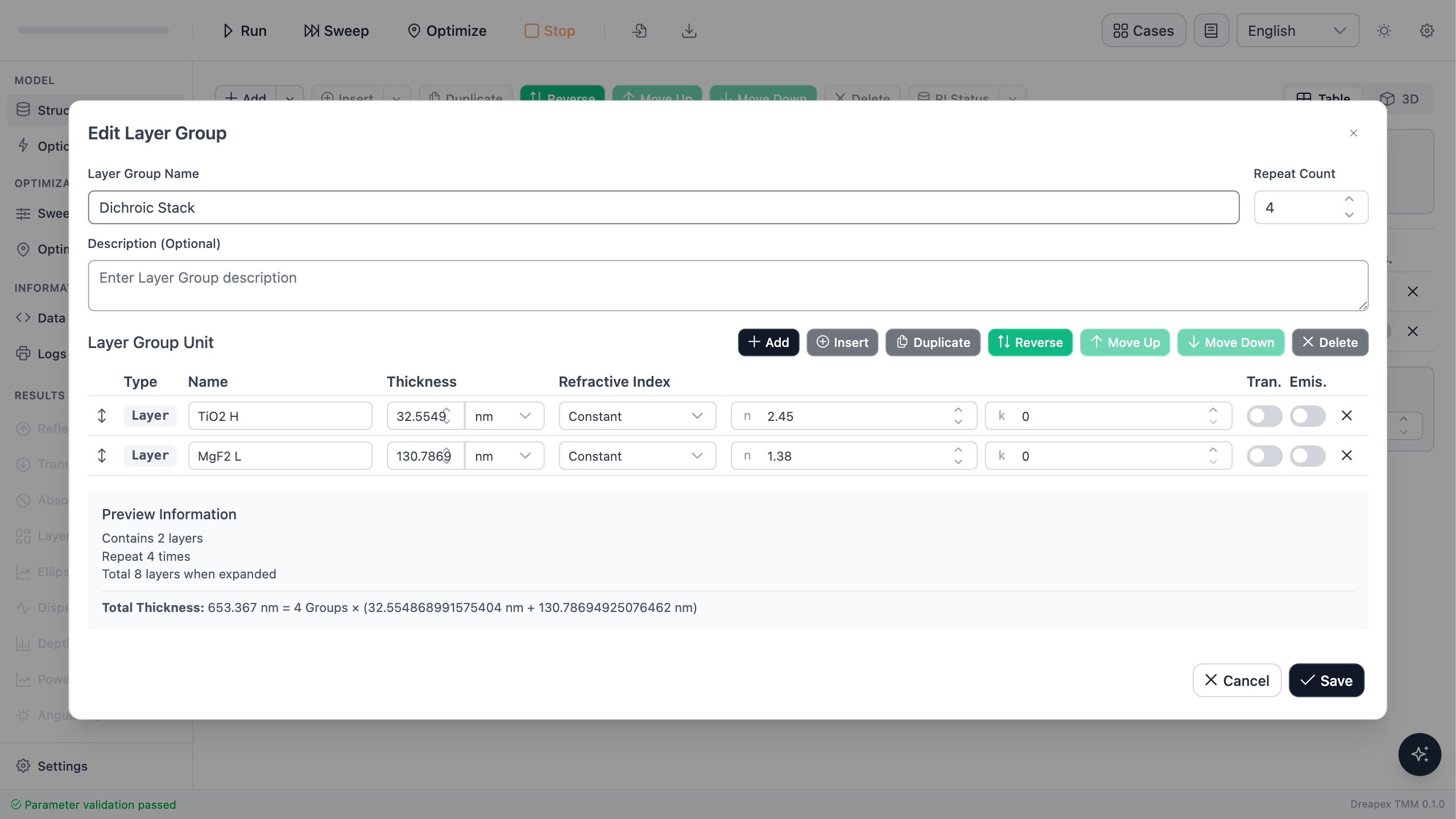 Edit Group dialog for the four-pair dichroic stack