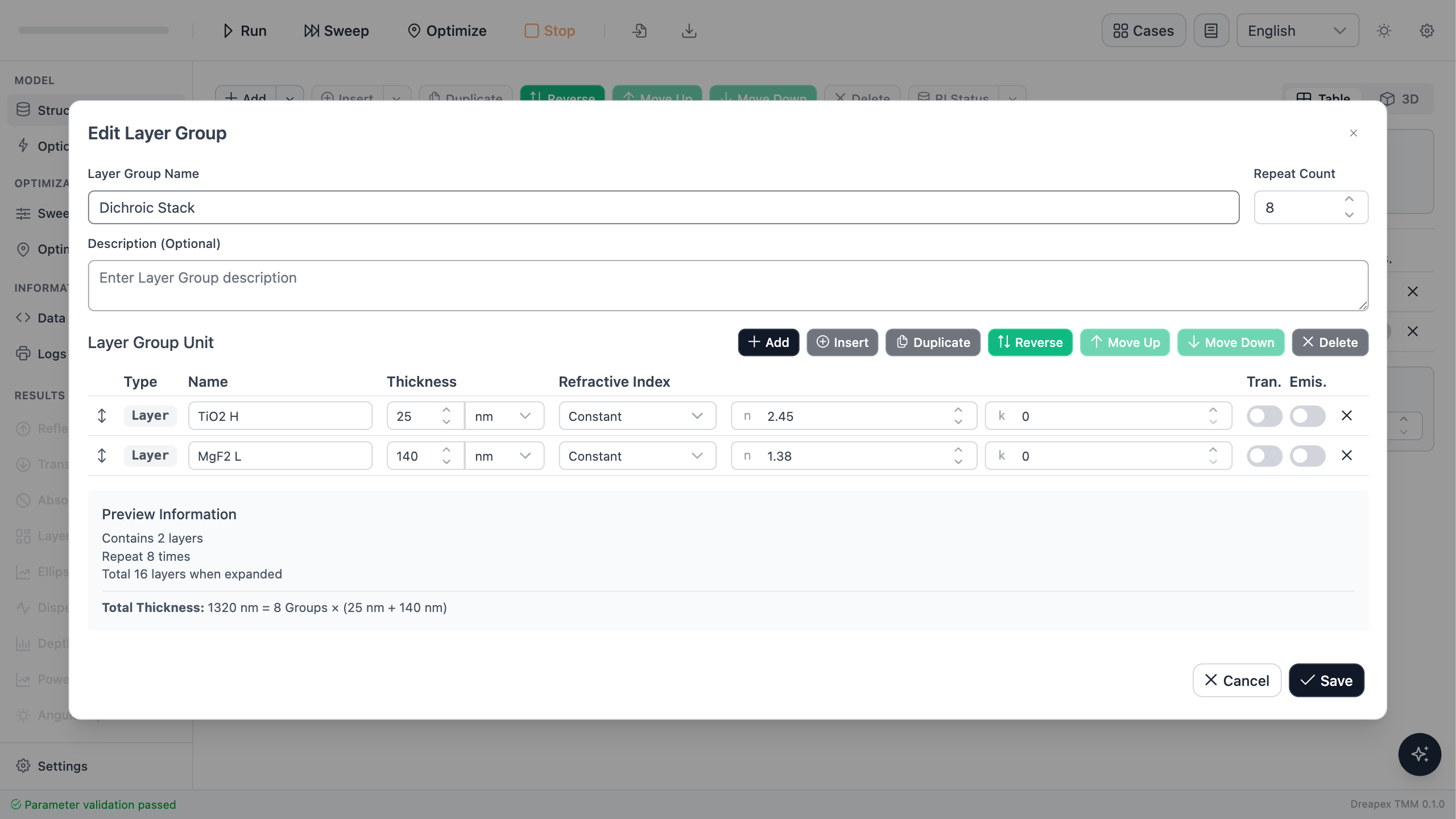 Edit Group dialog for the eight-pair dichroic stack