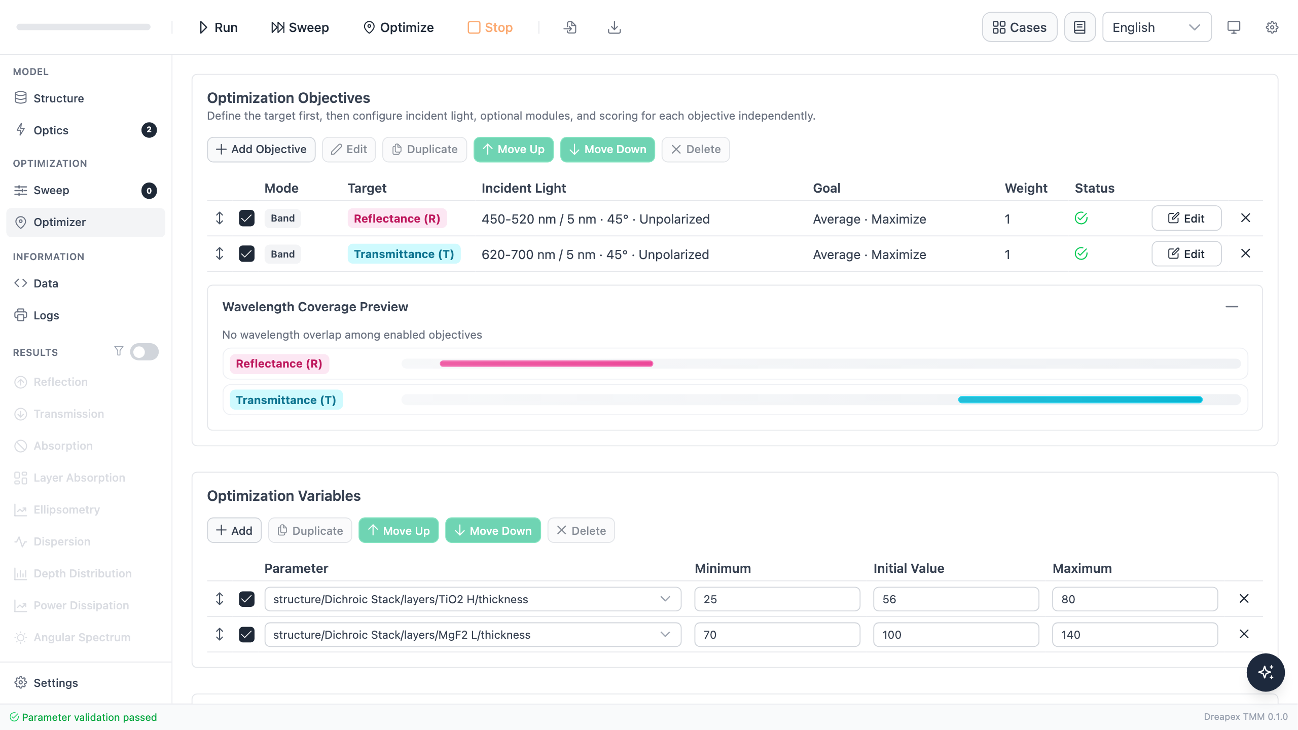 二向色分光镜 Optimizer 页面,显示蓝绿反射和红光透射目标以及两种共享厚度变量